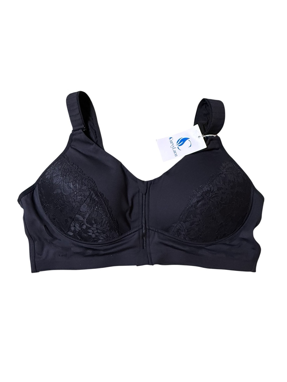 CurvyLace Black Bra 4XL Plus Size Wirefree Front Closure Comfort Full Cov Lace